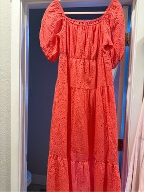 Women’s Coral Eyelet Puff-Sleeve Maxi Dress size XL NWOT
